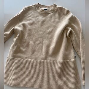 Beige Rib-Hem Crewneck Sweater